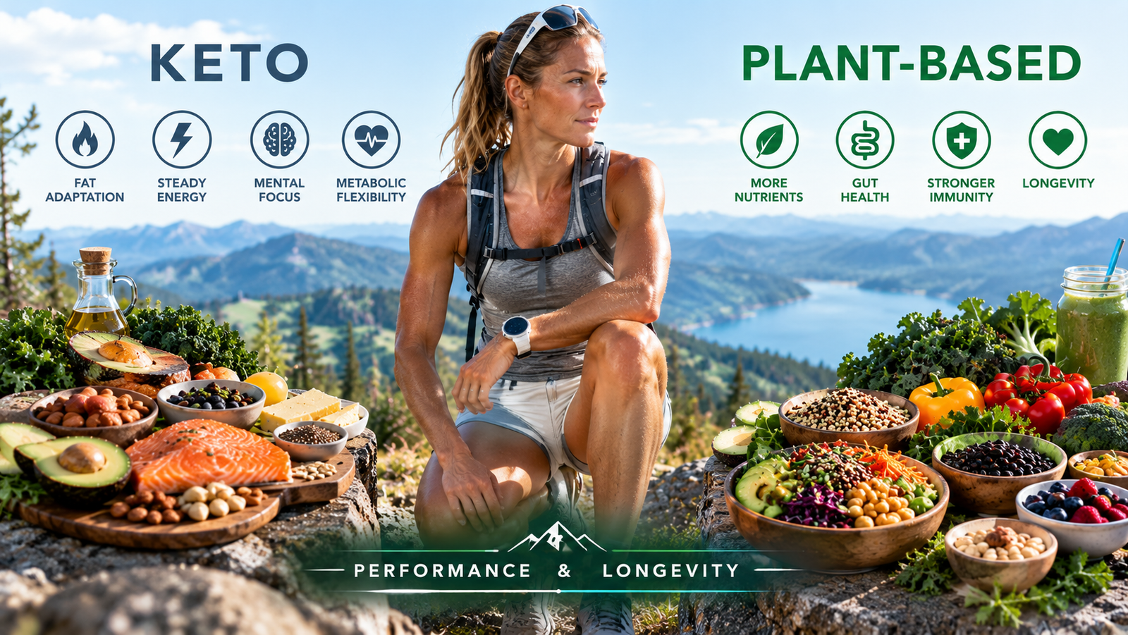 Athletic woman comparing keto and plant-based foods in a scenic mountain setting, highlighting nutrition, athletic performance, gut health, and longevity.