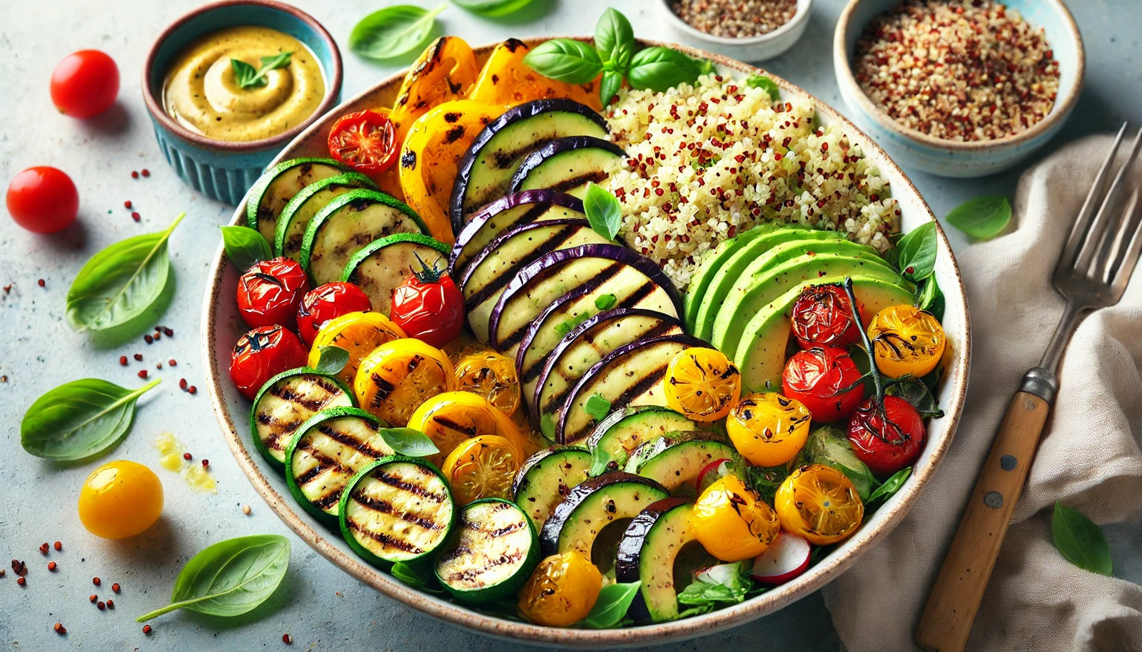 Grilled Veggie & Quinoa Salad with Lemon-Tahini Dressing