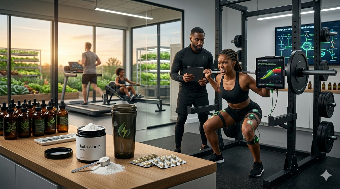 A high-tech fitness lab in 2026 where a female athlete performs a heavy barbell squat while a sports scientist monitors her intramuscular buffering data on a tablet. In the background, a male athlete runs on a treadmill. The foreground features a supplement station with beta-alanine powder, representing the synergy between plant-powered nutrition and elite anaerobic performance.