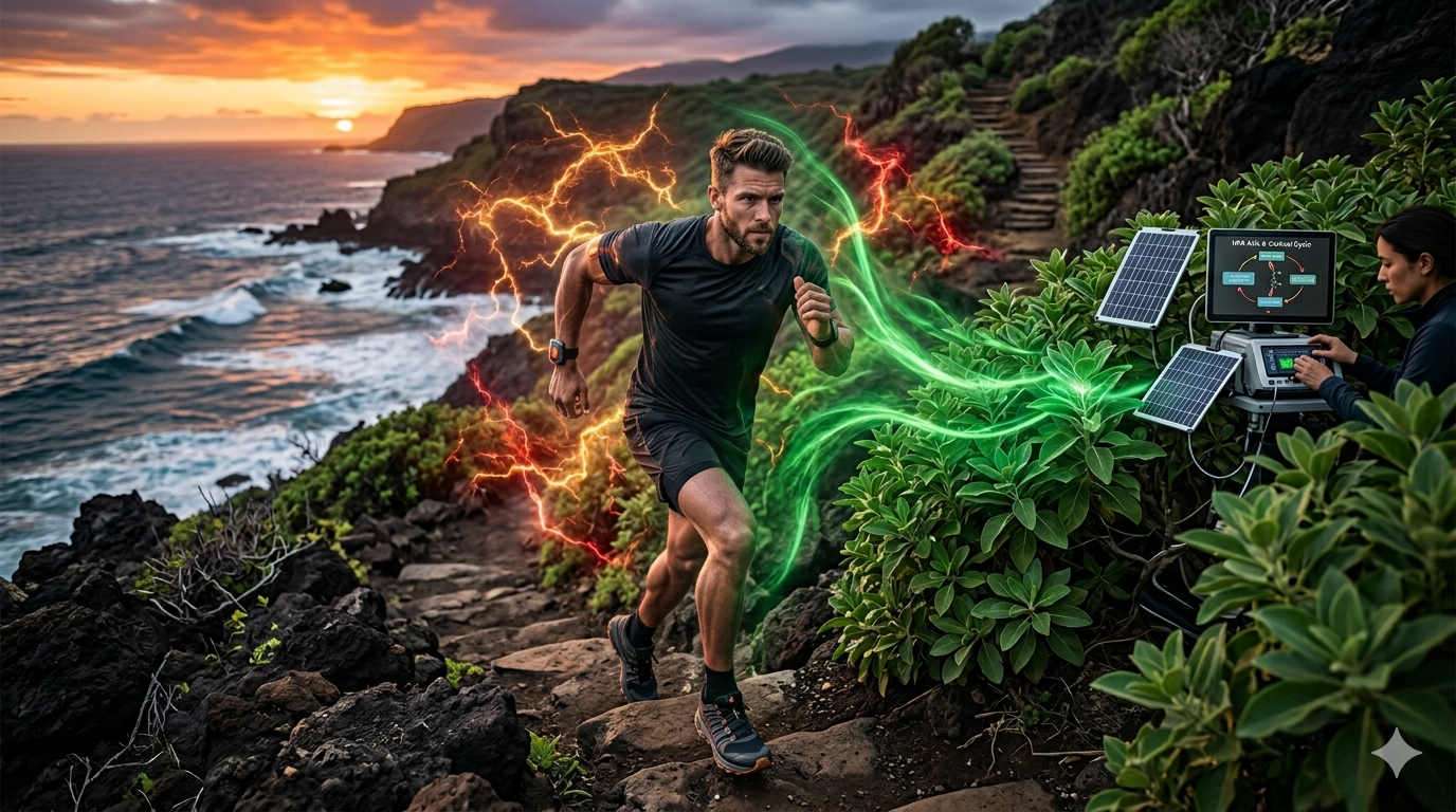 A dynamic cinematic photograph of a male athlete sprinting up a rugged coastal trail at sunset. He is wearing biometric sensors. A chaotic red visualization of cortisol stress spikes around him is visibly blunted and smoothed into a calm, stabilizing green energy shield by established Ashwagandha bushes lining the path. On the right, a technician monitors a portable, solar-powered data console displaying a biological stress cycle diagram, illustrating the cortisol-performance connection in real-time.