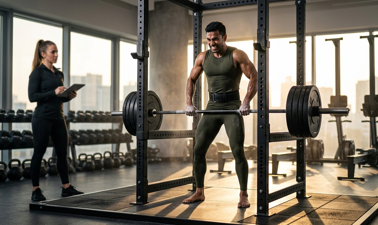 An athlete in a professional high-performance facility, performing a maximal effort pull against an immovable barbell. The image focuses on the raw tension and neuromuscular "grit" required for this technique. The setting—a modern, sunlit strength lab.