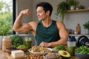 A muscular man stands in a bright modern kitchen, flexing his arm while surrounded by plant-based foods and fitness gear. On the table are tofu, lentils, chickpeas, quinoa, broccoli, leafy greens, avocado, nuts, and green smoothies, with dumbbells nearby. The image represents building muscle and improving body composition through plant-powered nutrition and strength training.