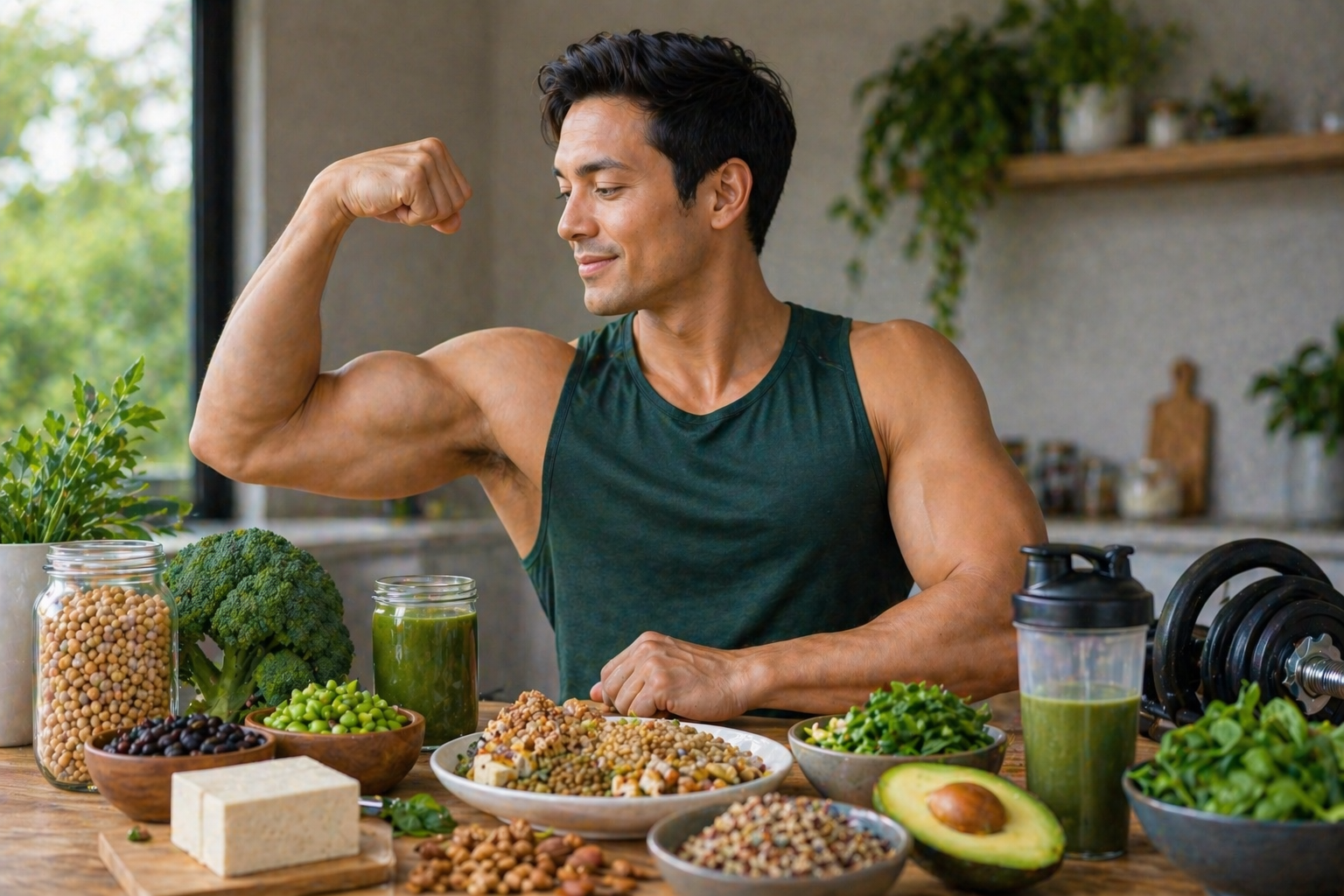 A muscular man stands in a bright modern kitchen, flexing his arm while surrounded by plant-based foods and fitness gear. On the table are tofu, lentils, chickpeas, quinoa, broccoli, leafy greens, avocado, nuts, and green smoothies, with dumbbells nearby. The image represents building muscle and improving body composition through plant-powered nutrition and strength training.