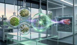 A high-tech laboratory visualization of the amino acid spike and protein pairing. Floating glass spheres contain vibrant green legumes and high-leucine seeds merging into a central reaction chamber where glowing molecular peptide chains are formed. A transparent digital interface in the background displays a muscular anatomical model receiving a synergistic hypertrophic response, illustrating the science of mimicking the anabolic window through plant-based nutrition.