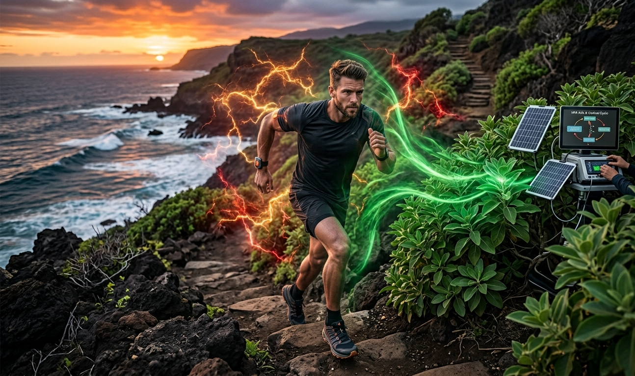 A fit man runs up a rocky coastal trail at sunset, with red and green energy wisps around him pointing toward a solar-powered monitoring station on the right.