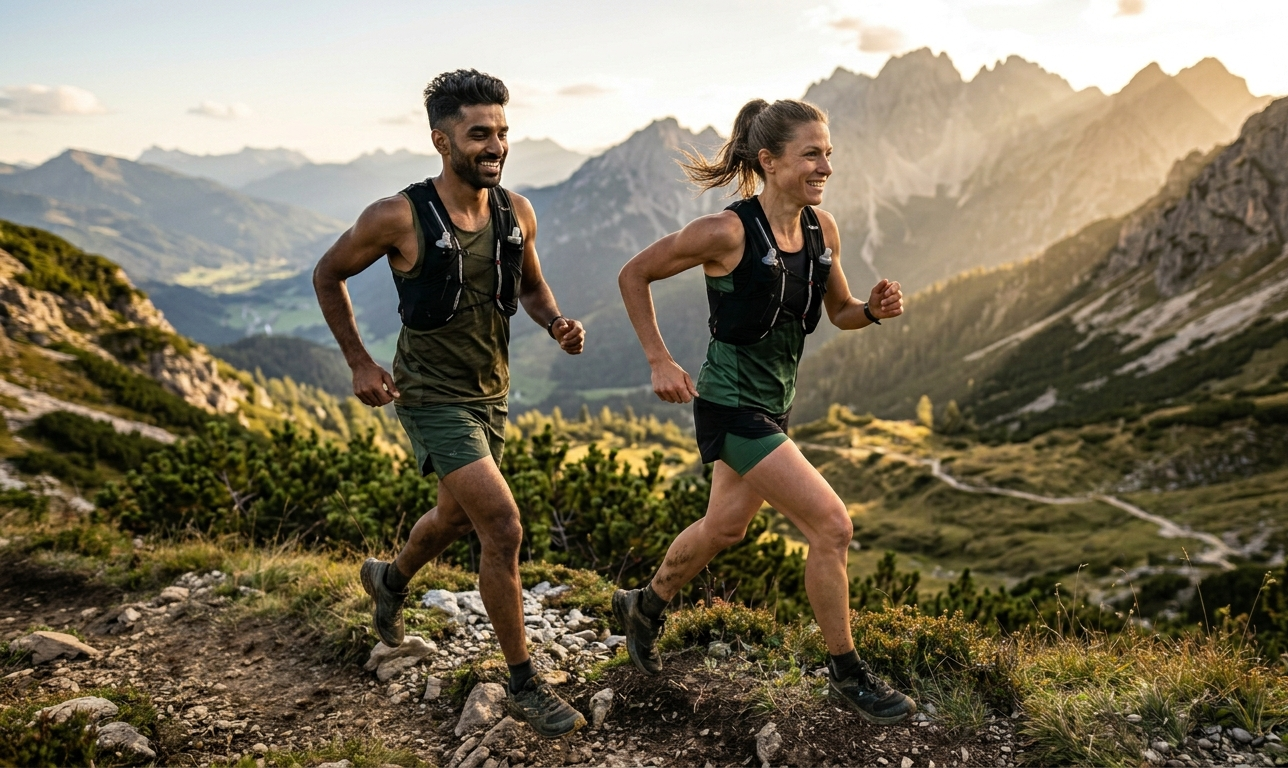 Two endurance athletes, a woman and a South Asian man, trail running at high altitude during sunset to improve cardiorespiratory fitness as part of the Plant-Based VO2 Max Blueprint.
