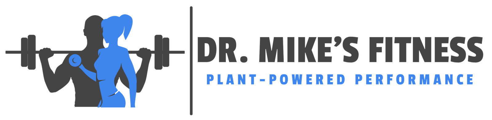 Dr. Mike's Fitness logo with gray lifter silhouettes and a blue female figure beside a barbell, plus the brand name and blue 'Plant-Powered Performance' text.