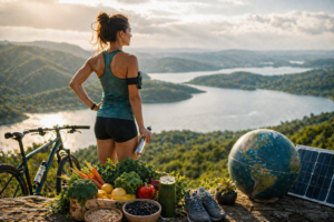 A fit female athlete stands on a scenic overlook above a winding lake and green hills at golden hour, holding a reusable water bottle beside a mountain bike. In the foreground are plant-based foods including broccoli, kale, carrots, lemons, beans, and a green smoothie, along with running shoes, a globe, and a solar panel. The image represents sustainable athletic performance, eco-conscious living, and Earth Day-inspired fitness beyond the gym.