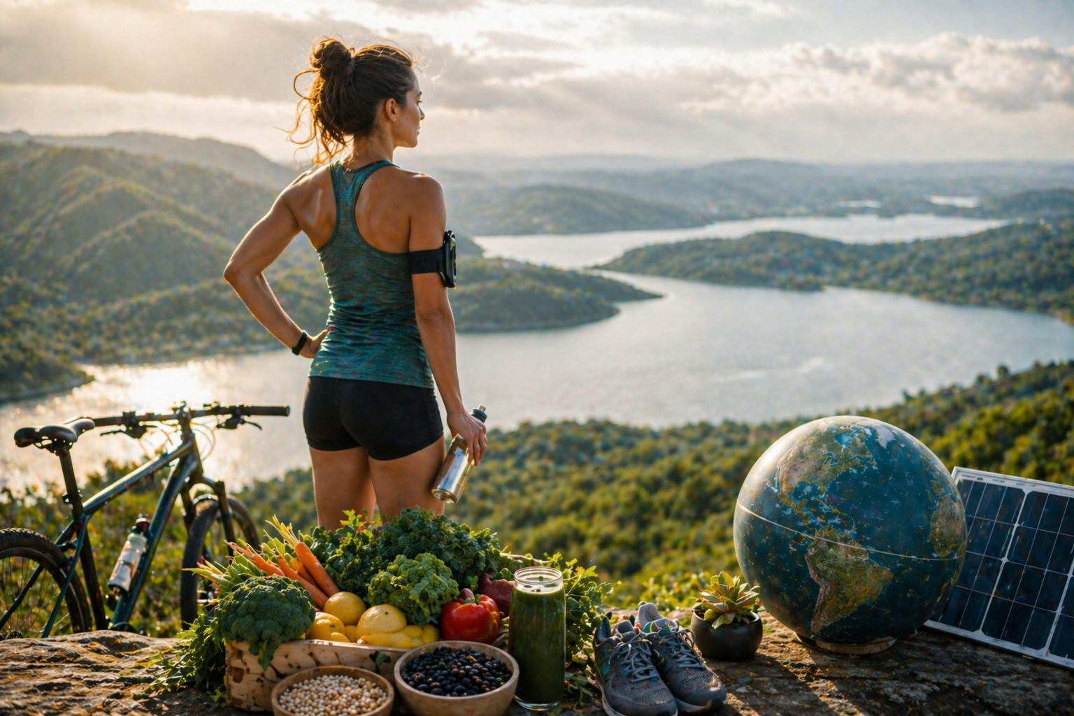 A fit female athlete stands on a scenic overlook above a winding lake and green hills at golden hour, holding a reusable water bottle beside a mountain bike. In the foreground are plant-based foods including broccoli, kale, carrots, lemons, beans, and a green smoothie, along with running shoes, a globe, and a solar panel. The image represents sustainable athletic performance, eco-conscious living, and Earth Day-inspired fitness beyond the gym.