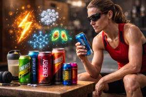 Elite endurance athlete evaluating energy drinks, highlighting the balance between performance benefits and metabolic health risks.