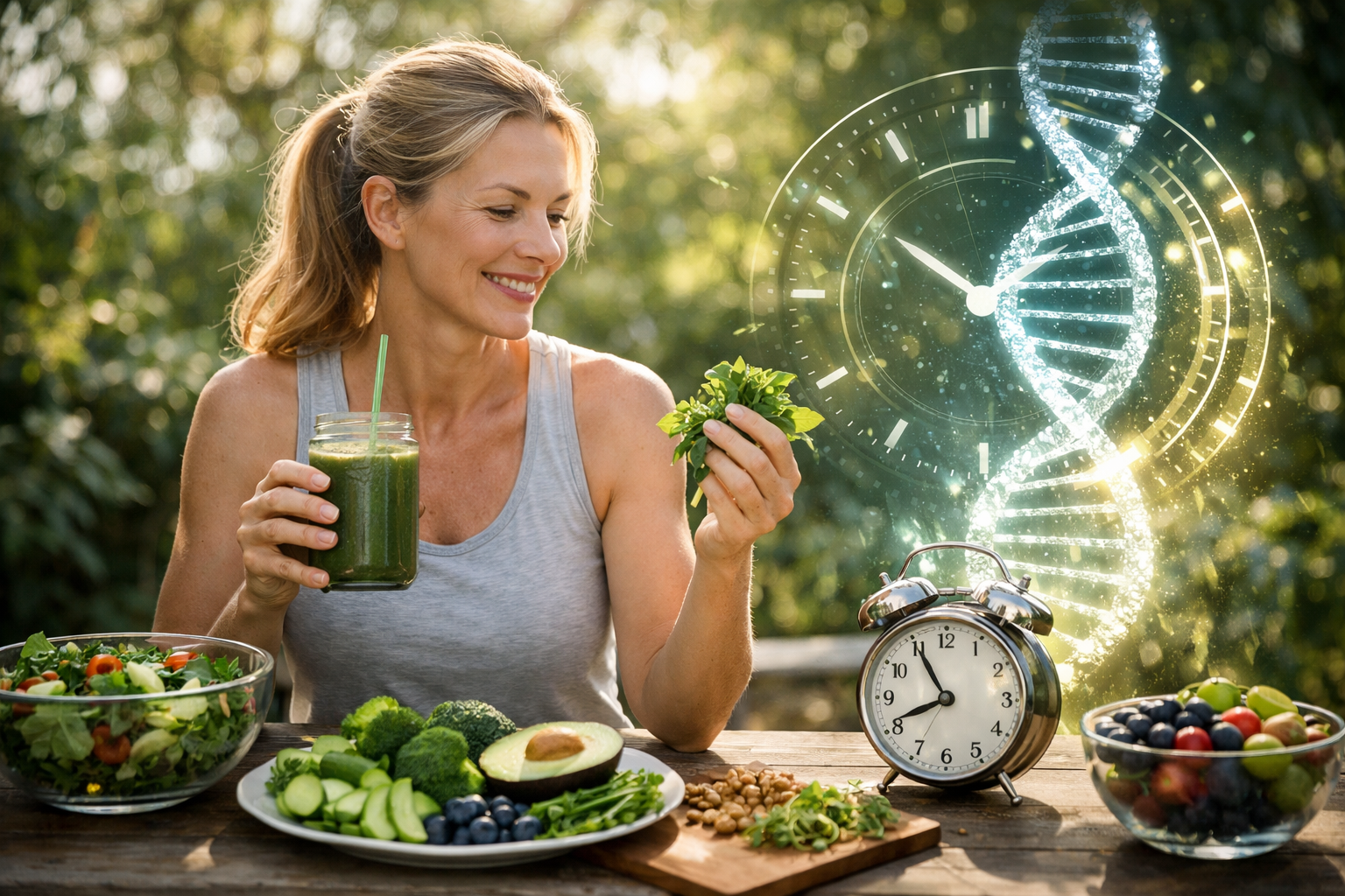 A fit middle-aged woman sits outdoors at a wooden table, smiling while holding a green smoothie and fresh leafy greens. In front of her are colorful plant foods including salad, avocado, broccoli, berries, cucumbers, and nuts. A glowing DNA helix overlaps a large clock in the background, symbolizing how a plant-based lifestyle may influence biological aging and longevity.