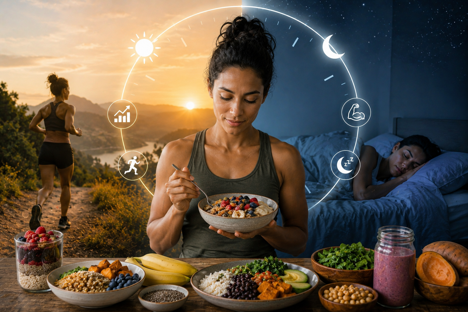 Central woman eats a bowl of berries and grains at a wooden table; left shows a daytime runner outdoors and right shows a person sleeping in bed, with circular wellness icons around.