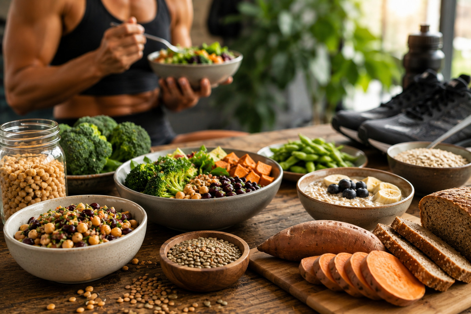 An athletic person eats a plant-based meal beside bowls of legumes, oats, vegetables, sweet potatoes, and whole grains, highlighting metabolism, satiety, and nutrient-dense nutrition for performance and body composition.