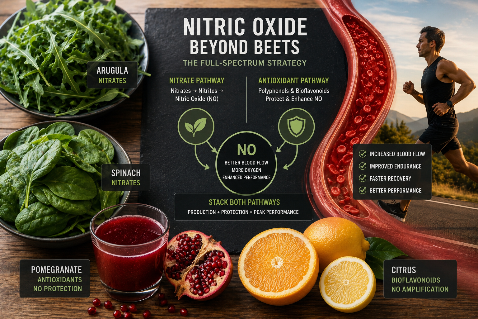 Infographic about nitric oxide pathways with beets, greens, citrus and pomegranate, showing food sources and benefits of NO.