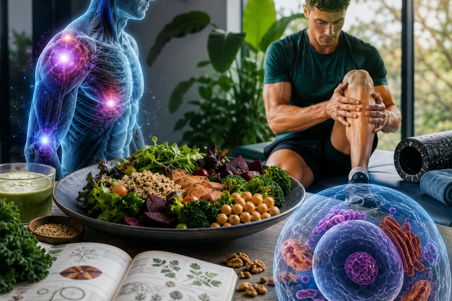 An athletic man performs a rehabilitation stretch in a modern recovery studio beside a large plant-based meal, while glowing anatomical and cellular graphics symbolize tissue repair, inflammation recovery, and plant-powered healing.