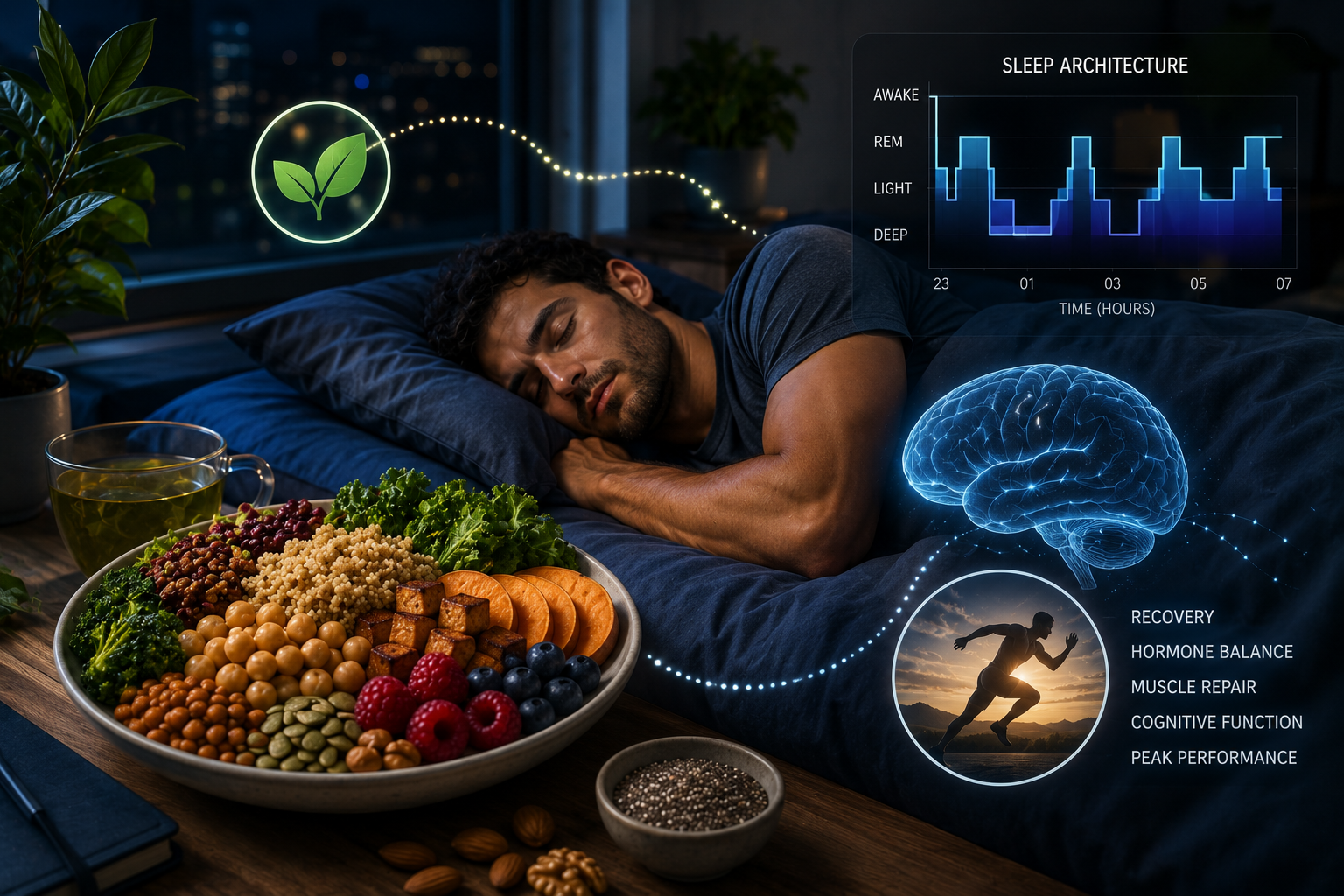 An athletic man sleeps peacefully beside a nutrient-dense plant-based meal while glowing brain and sleep-cycle graphics illustrate recovery, muscle repair, hormone balance, and overnight performance optimization.