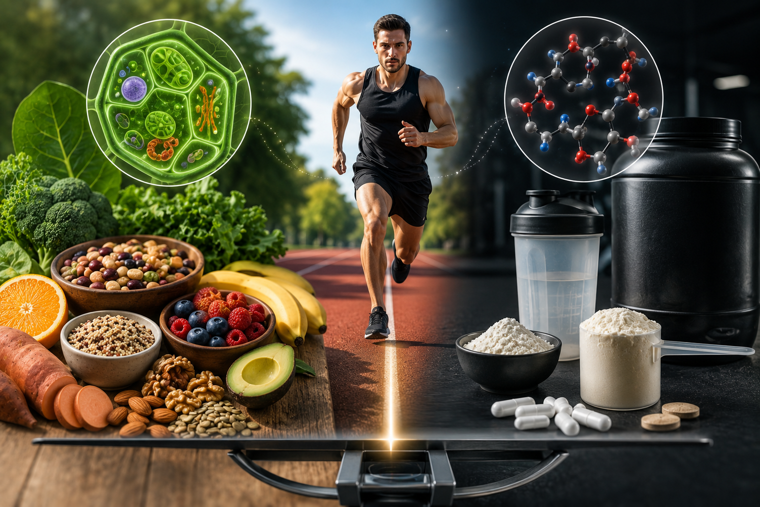 A runner sprints down a track between two contrasting nutrition approaches: vibrant whole plant foods like legumes, greens, fruit, and nuts on one side, and isolated powders and supplements on the other, illustrating the superior performance and metabolic benefits of whole-food plant nutrition.