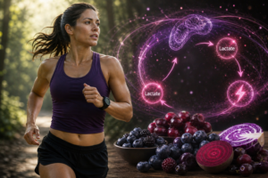 Woman running outdoors in a purple athletic top, with a glowing pink lactate metabolism diagram and energy symbols overlaid to the right side of the image.