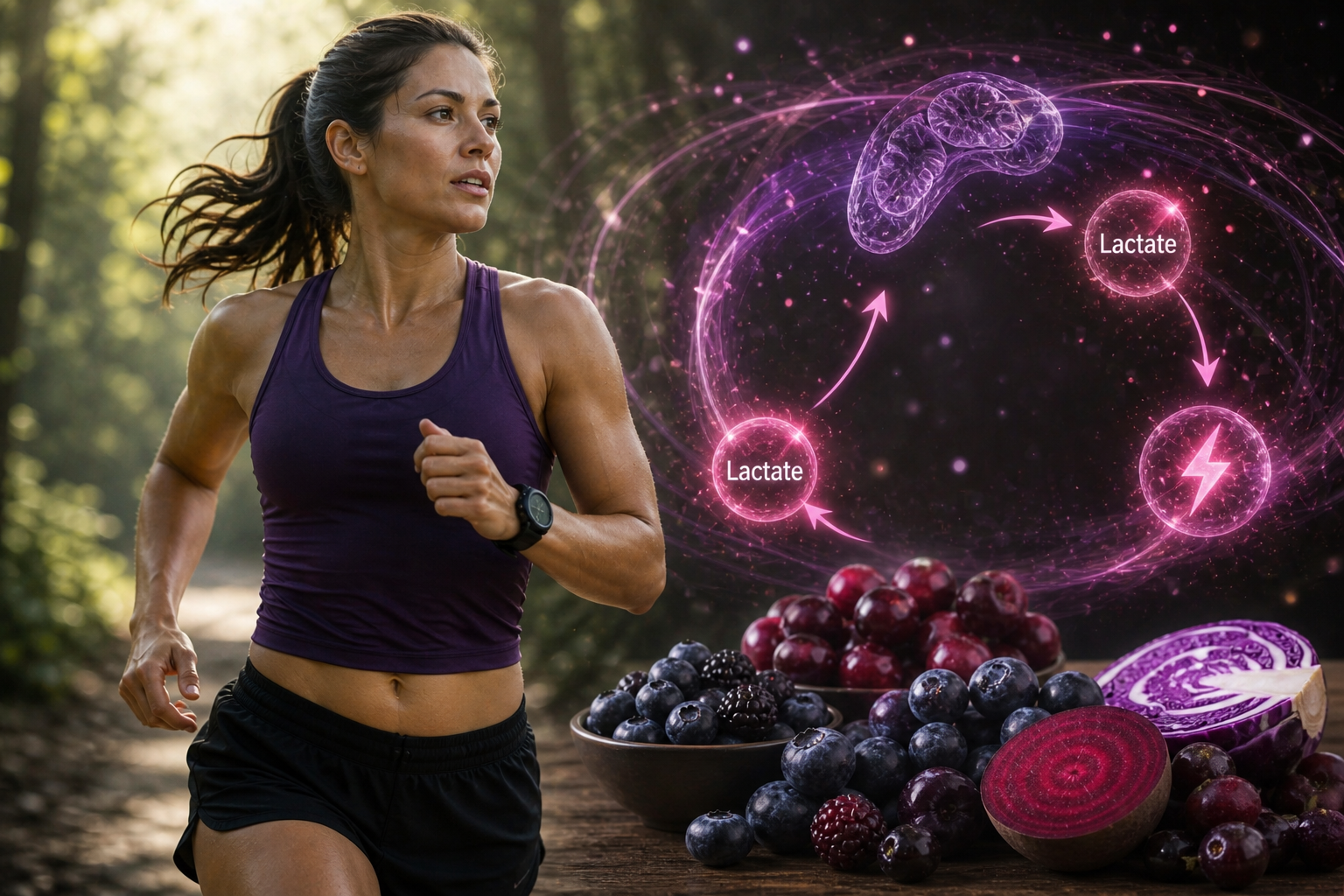 Woman running outdoors in a purple athletic top, with a glowing pink lactate metabolism diagram and energy symbols overlaid to the right side of the image.