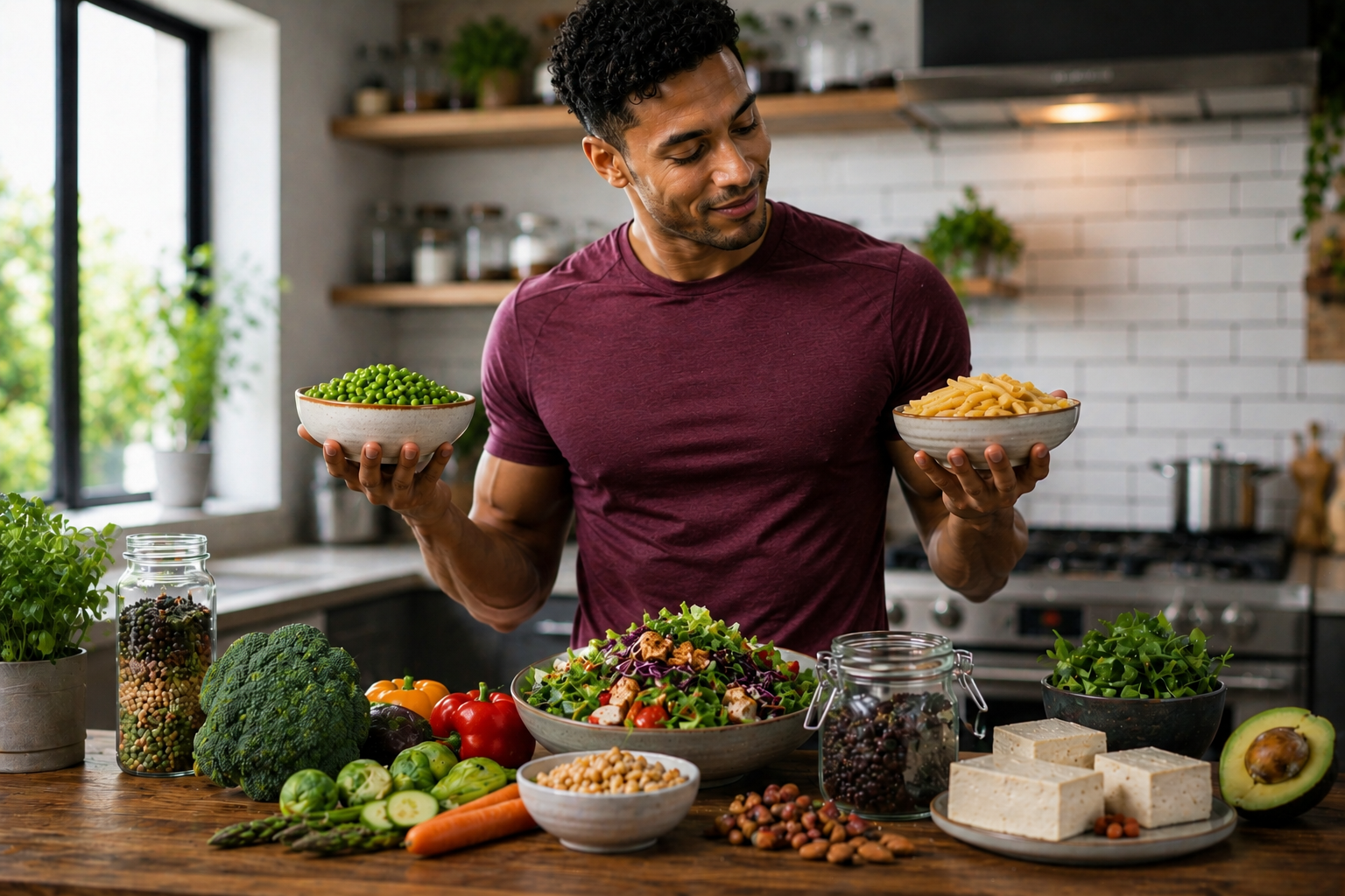 A man in a maroon shirt stands in a bright kitchen, holding bowls of peas and pasta with a colorful salad and fresh vegetables on the counter in front of him.