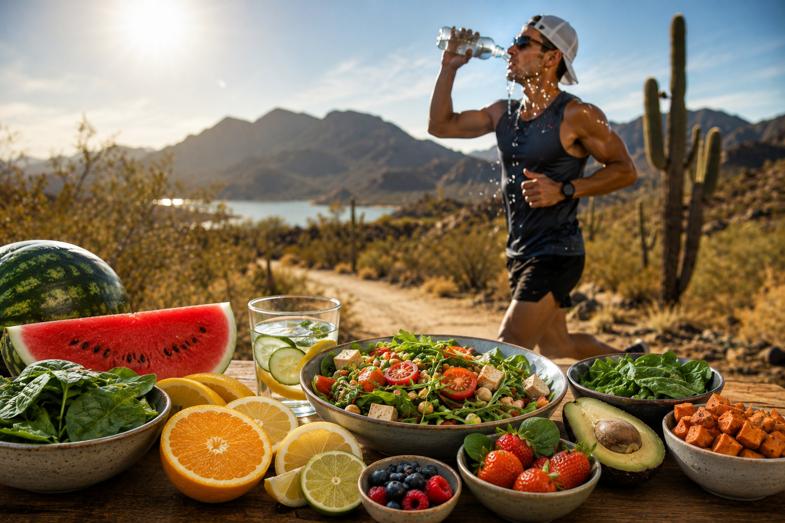 An athletic man runs along a hot desert trail while cooling off with water, surrounded by colorful plant-based foods including leafy greens, citrus, berries, watermelon, and avocado, symbolizing hydration, endurance, and heat resilience through nutrition.