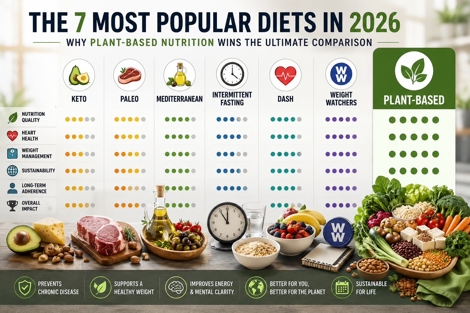 A colorful comparison of popular dietary approaches features nutrient-dense plant foods such as vegetables, fruits, legumes, whole grains, nuts, and tofu prominently displayed alongside foods associated with other diets, illustrating a comprehensive evaluation of nutrition, health, sustainability, and long-term performance.