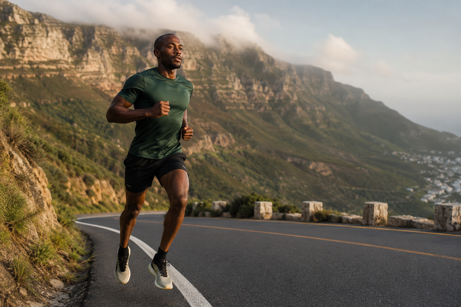An endurance athlete runs along a mountain road surrounded by expansive natural scenery, symbolizing metabolic flexibility, efficient fat oxidation, and sustained energy utilization for long-duration plant-based athletic performance.