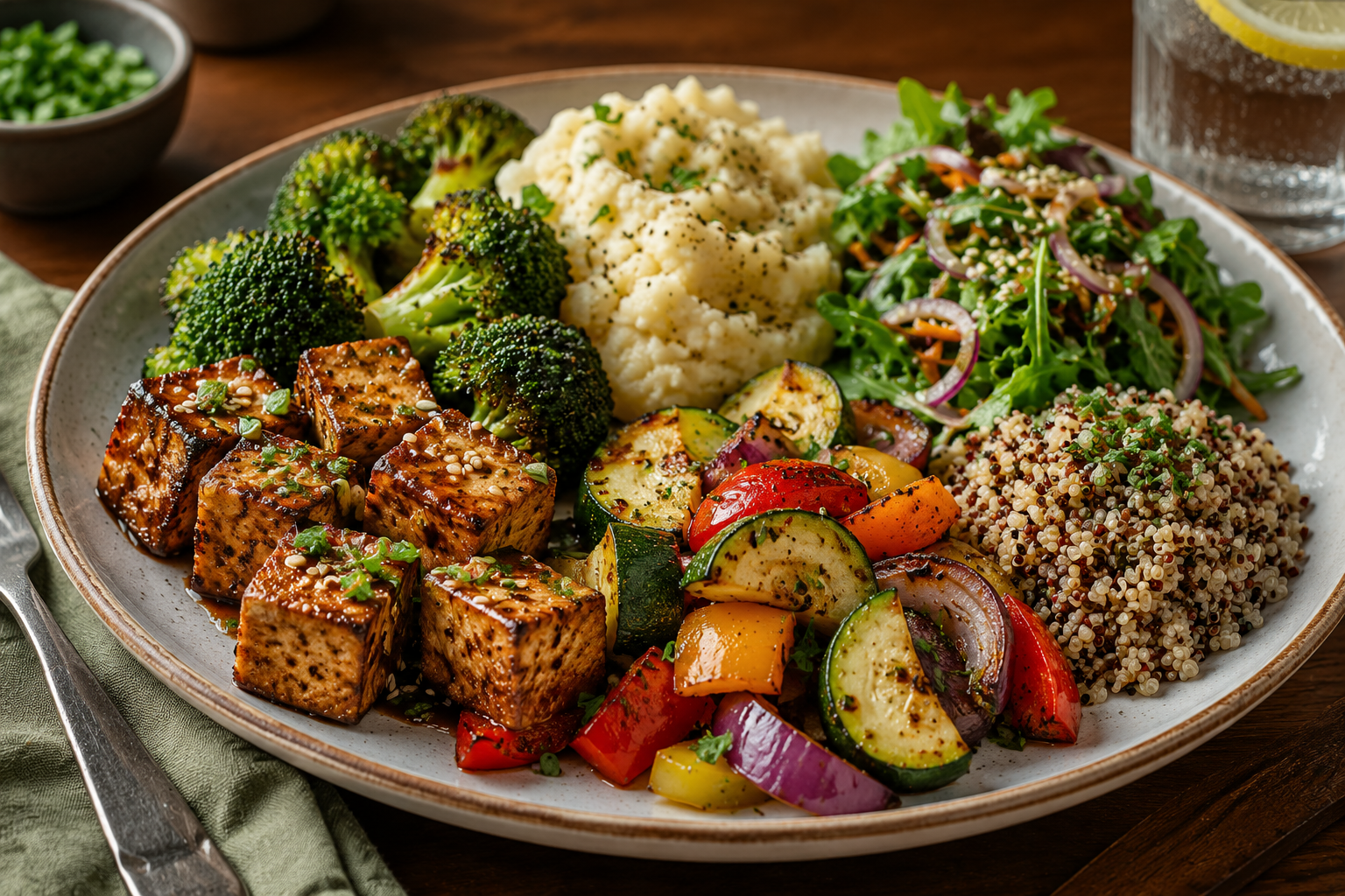 delicious-dinner-plate A colorful dinner plate featuring grilled tofu, quinoa, roasted broccoli, mixed vegetables, mashed potatoes, and a fresh leafy salad, showcasing a balanced, nutrient-rich whole-food, plant-based meal.