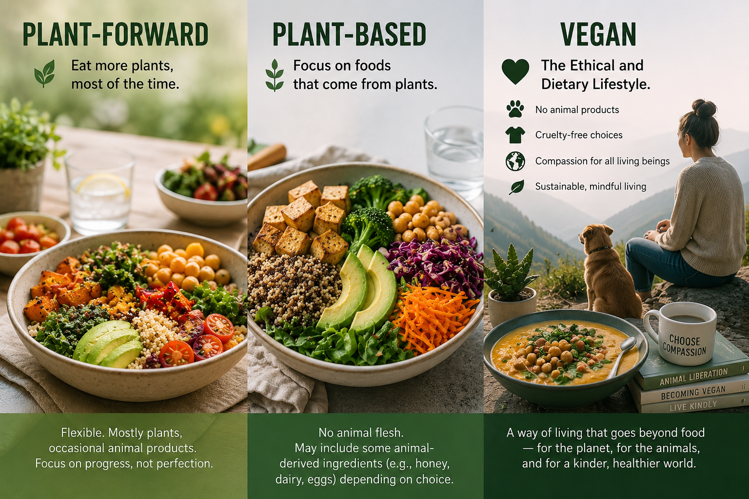 plant-diet-types Three-panel infographic comparing plant-forward, plant-based, and vegan lifestyles. The left panel shows plant-forward as mostly plants with occasional animal foods; the middle panel shows plant-based as foods made from plants with no animal flesh; the right panel shows vegan as an ethical and dietary lifestyle that avoids animal products and emphasizes compassion, sustainability, and kindness, alongside a woman seated outdoors with a dog, a bowl of vegan food, and books about vegan living.