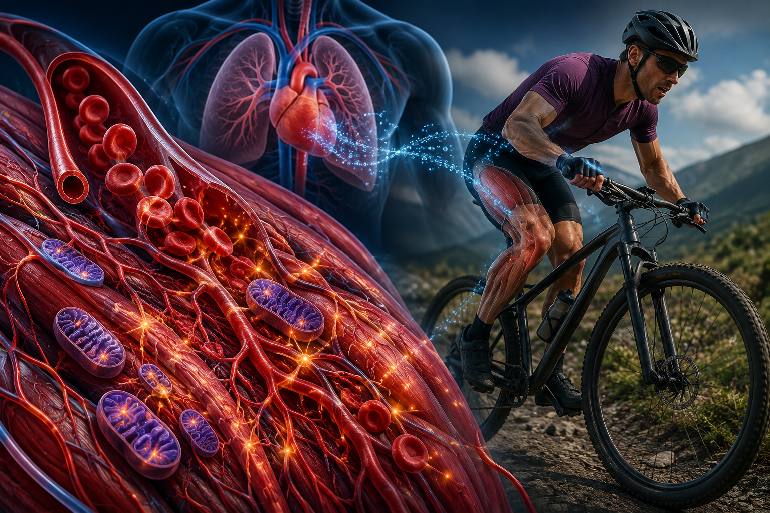 Close-up of oxygen-rich blood and mitochondria fueling working muscle beside a mountain biker climbing a rugged trail, illustrating the connection between oxygen delivery and muscle oxygen utilization during endurance exercise.