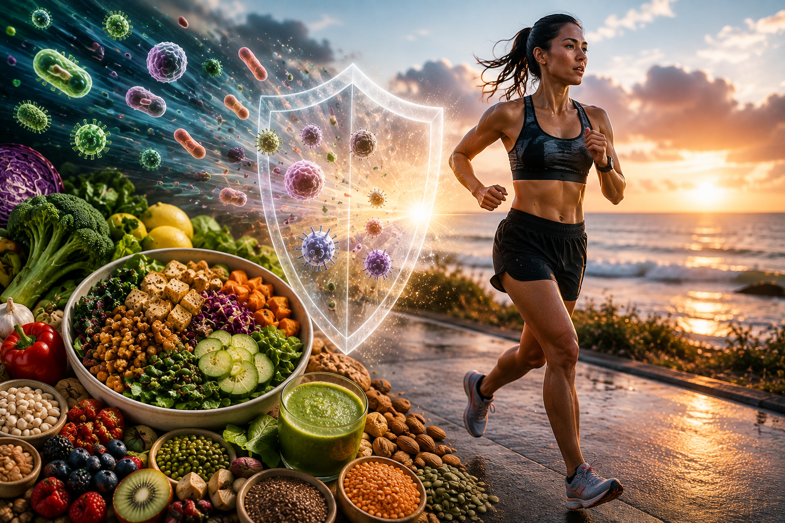 Endurance runner on a coastal trail beside colorful plant foods, with a glowing protective shield and microscopic pathogens illustrating immune resilience under heavy training.
