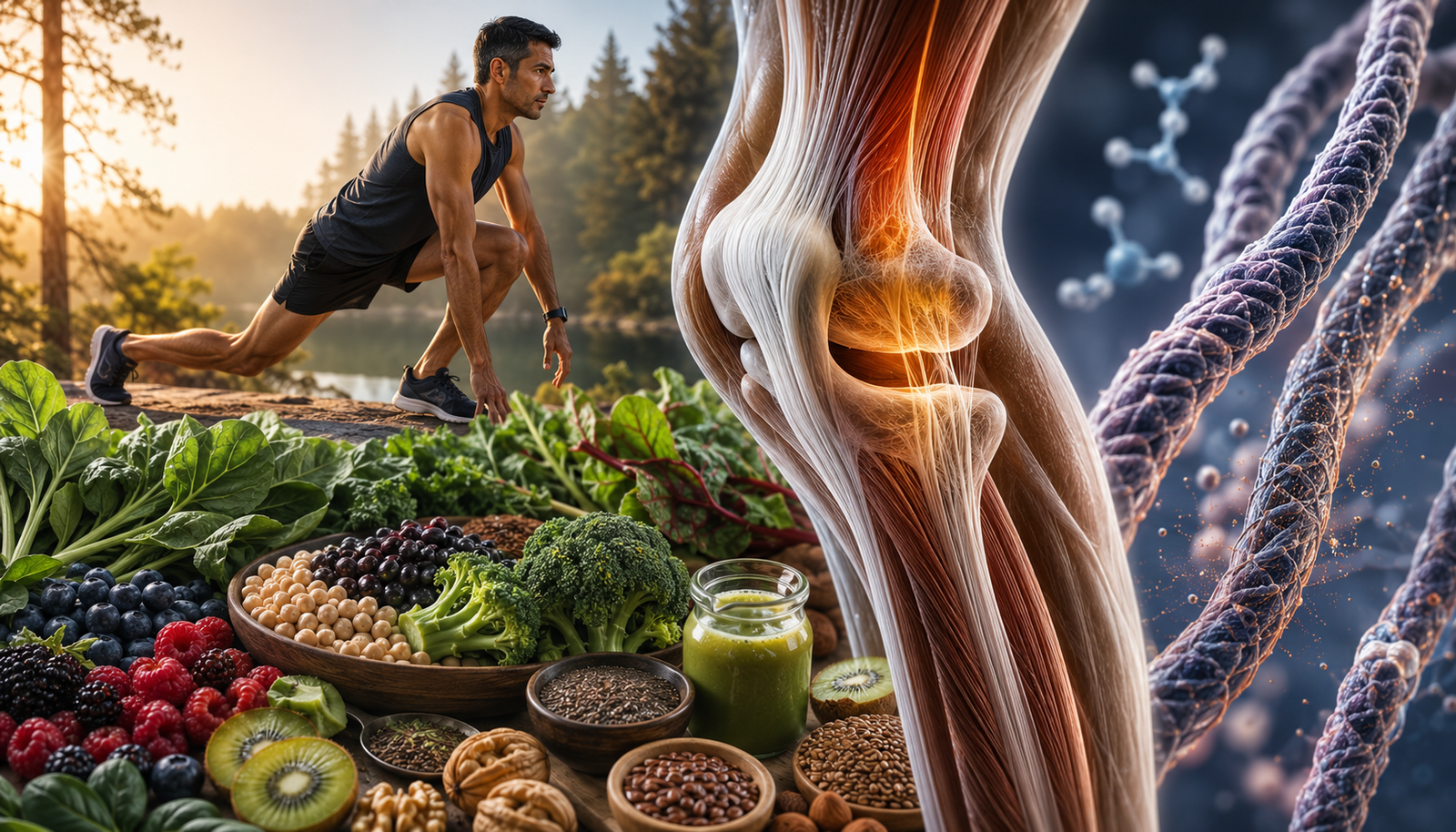 Tendon and Connective Tissue Health on Plant-Based Diets Athlete stretching beside nutrient-rich plant foods, with an anatomical knee and collagen fibers illustrating tendon and connective tissue health.