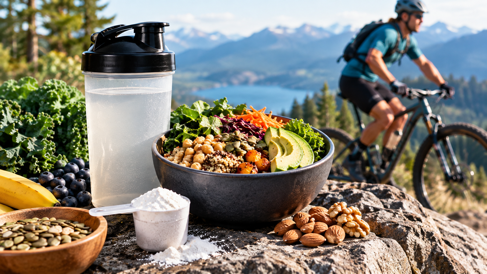 Creatine Monohydrate Saturation Plant-based athlete with creatine powder, shaker bottle, nutrient-rich foods, and mountain bike in a scenic alpine setting, representing creatine supplementation and endurance performance.