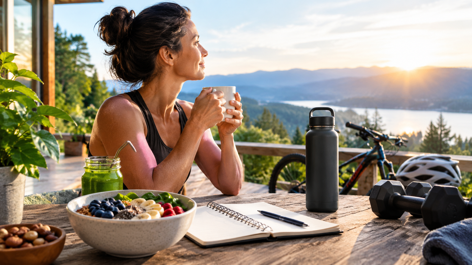 A bright, peaceful morning scene featuring a healthy plant-based breakfast, natural sunlight, a cup of coffee, and a calm outdoor setting, representing energy, focus, and balanced daily rhythms.