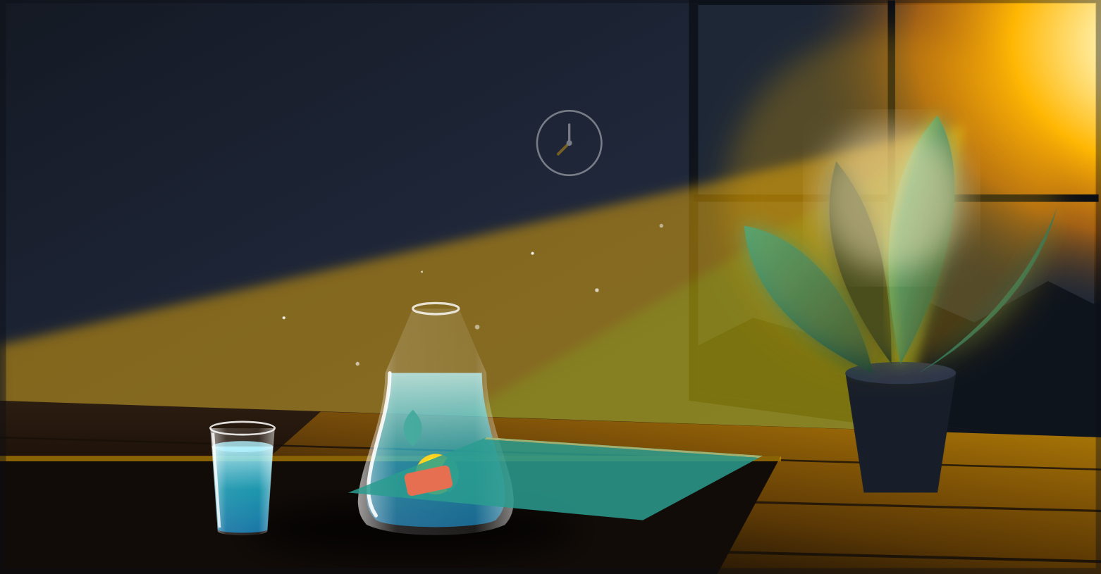 Sunlit outdoor wooden deck at sunrise featuring a clear glass of water with lemon and a resistance band, overlooking distant mountains.