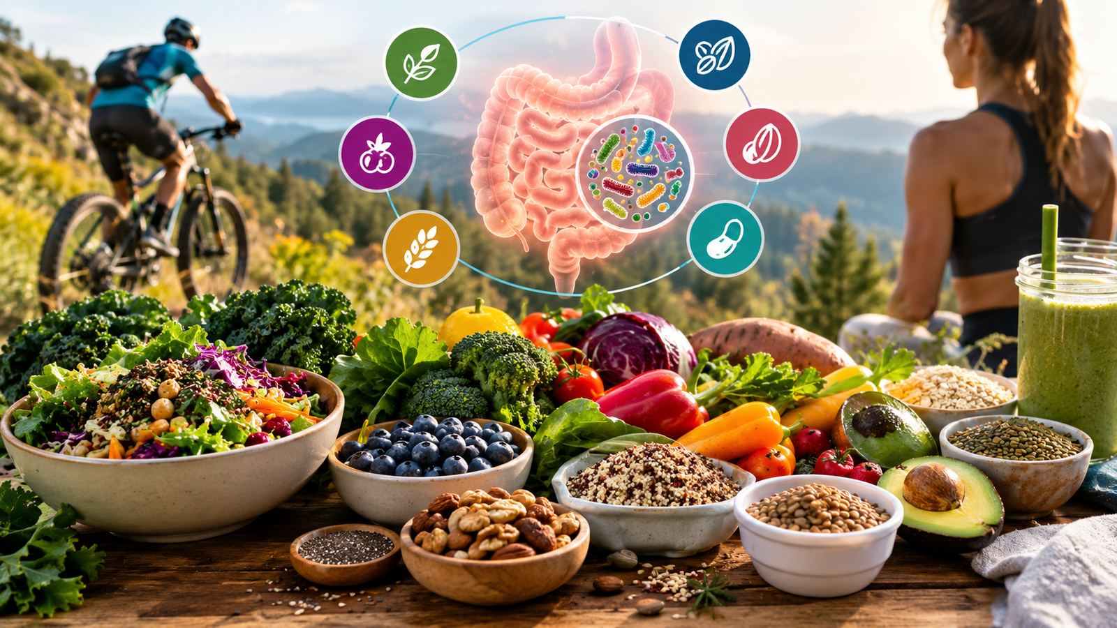 Plant Diversity Score A colorful spread of plant foods with a gut microbiome illustration, cyclist, and active woman in a mountain setting, highlighting plant diversity, gut health, and athletic performance.
