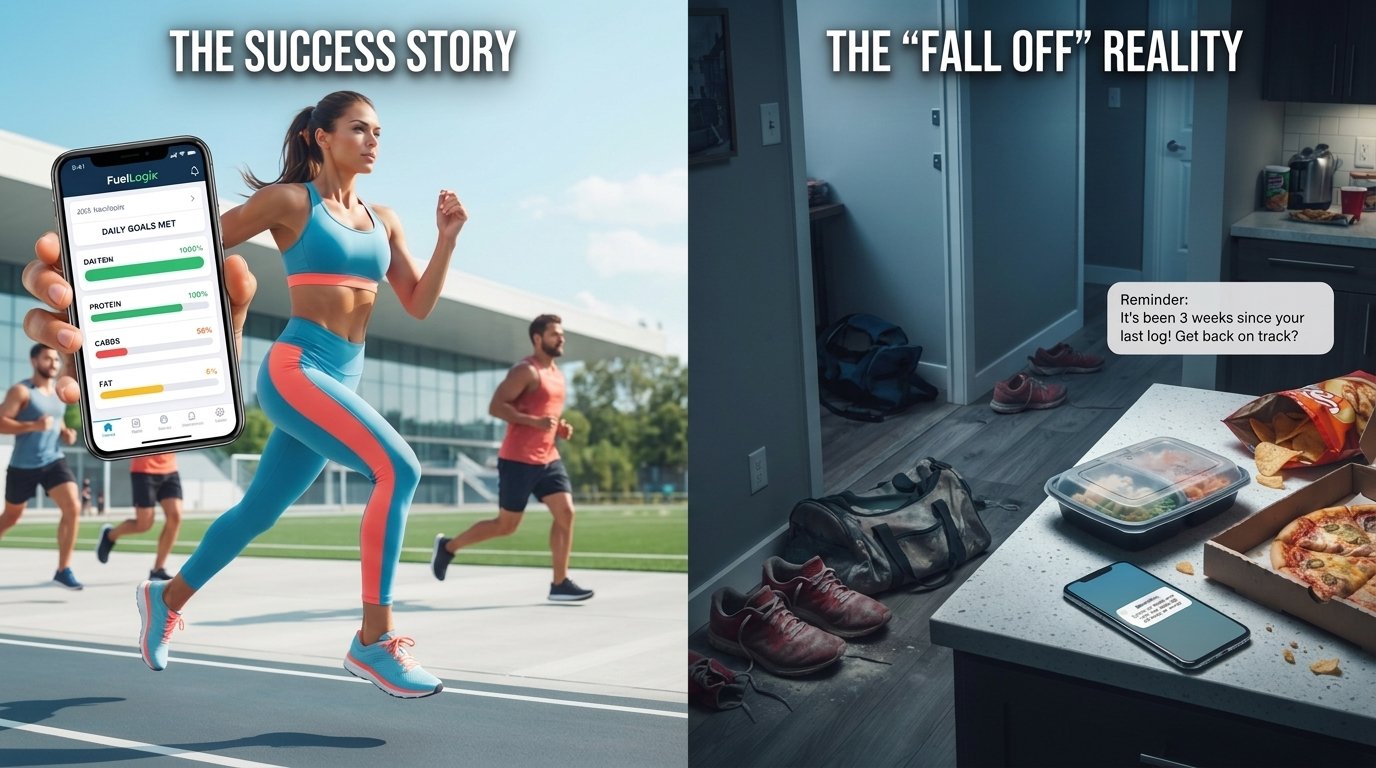 2026 Fitness and Nutrition Goals • Left Side (Success Story): A vibrant, high-energy scene bathed in bright natural light shows a fit woman running with excellent form on an outdoor athletic track. She is wearing a bright blue and pink athletic outfit. In the foreground, a hand holds up a smartphone displaying a clean, data-driven health tracker interface titled "FuelLogik" showing completed daily goals for protein, carbs, and fat with 100% progress bars. In the background, other runners are seen exercising. • Right Side (Fall Off Reality): A moodier, dimmer indoor scene lit by cooler artificial lighting depicts an apartment hallway and kitchen area. In the foreground on a kitchen counter sits a smartphone displaying a reminder notification that reads: "Reminder: It's been 3 weeks since your last log! Get back on track?". Next to the phone is a half-eaten meal prep container, an open box of pizza, and a discarded bag of chips. An old gym bag and a dirty pair of running shoes are left forgotten on the floor in the background.