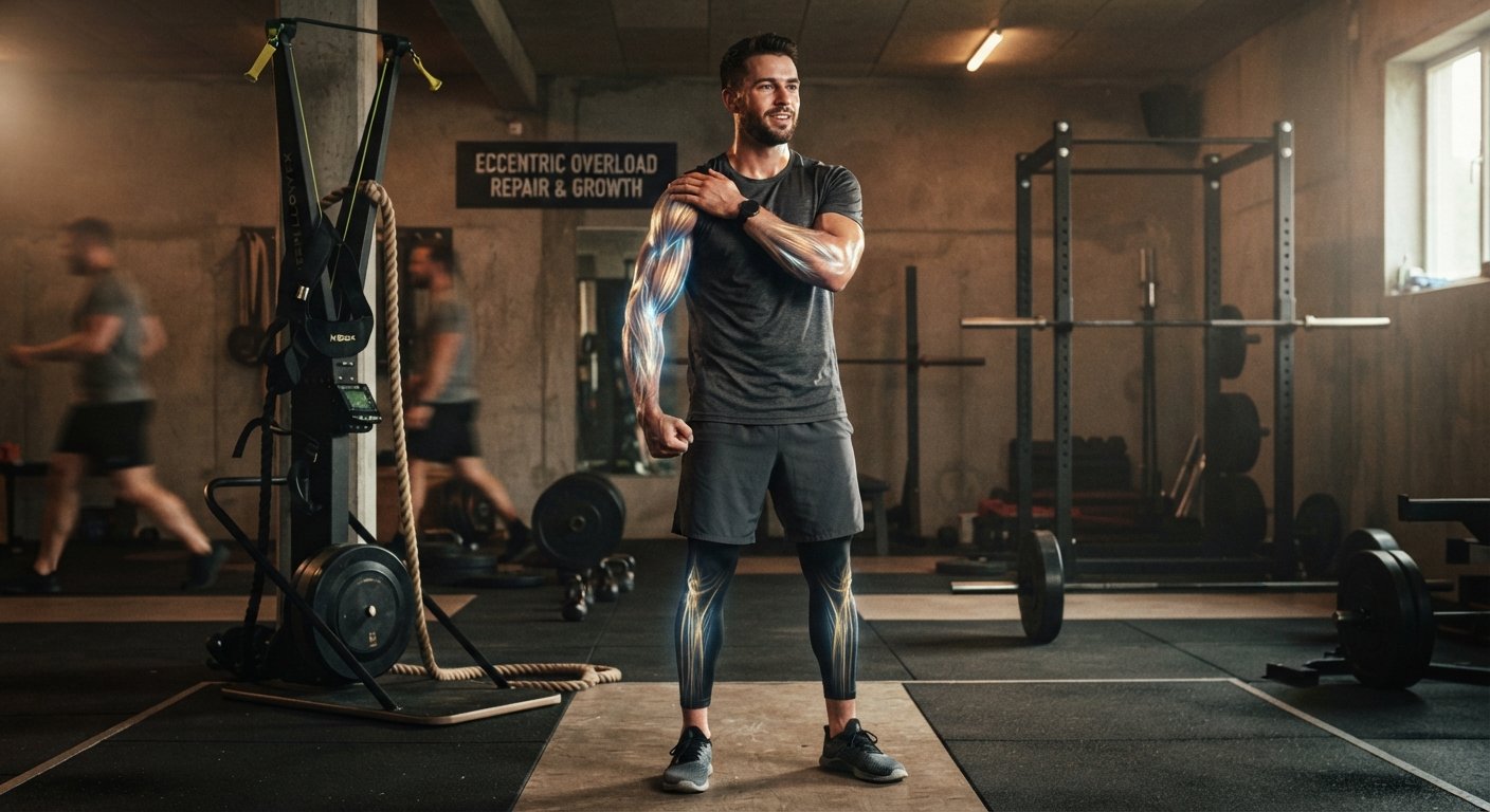 An athletic man stands in a rugged gym, smiling confidently as he grips his shoulder. His forearms and lower legs feature a futuristic, glowing anatomical overlay that illustrates dense muscle fibers and strong tendons, symbolizing myofibrillar growth and tissue health. In the background, industrial fitness equipment, weight racks, and a blurred person in motion create a professional training atmosphere. A sign on the distant wall reads "ECCENTRIC OVERLOAD REPAIR & GROWTH."