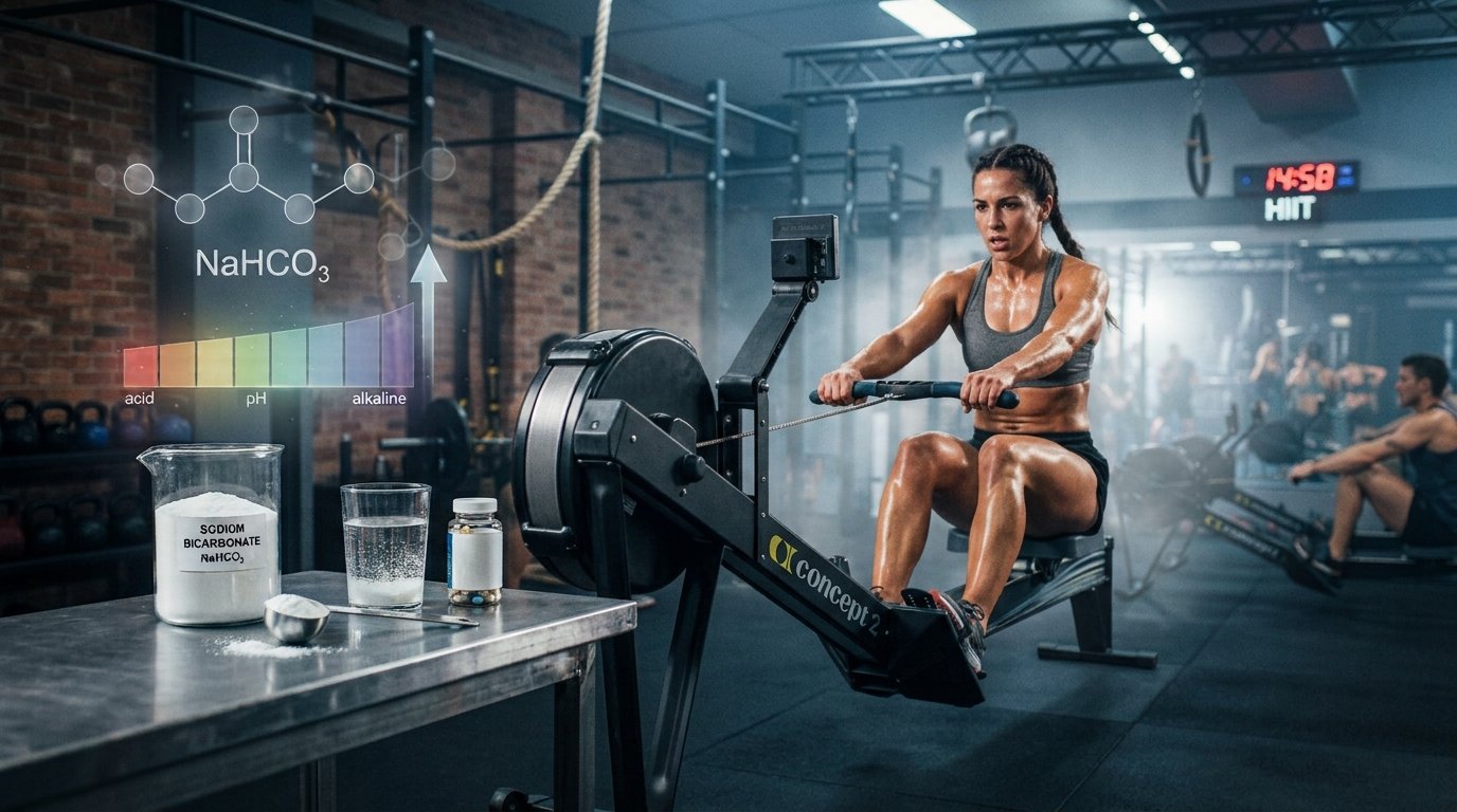 Ergogenic Sodium Bicarbonate Loading Set in a gritty industrial gym, capturing a female athlete in a sports bra and shorts mid-stroke on a Concept2 rowing machine. She is sweating heavily, conveying intense physical exertion during a high-intensity interval training (HIIT) session. In the foreground to the left, a stainless steel table holds a glass beaker filled with white sodium bicarbonate powder, a small measuring scoop, a glass of water, and a supplement capsule bottle. Above this table, a subtle, glowing digital graphic overlay displays the chemical formula NaHCO₃ next to a pH scale indicator with an arrow pointing upward toward alkaline, illustrating the concept of lactic acid buffering. The background is softly blurred, showing gym equipment and other people training under bright overhead stage lighting.