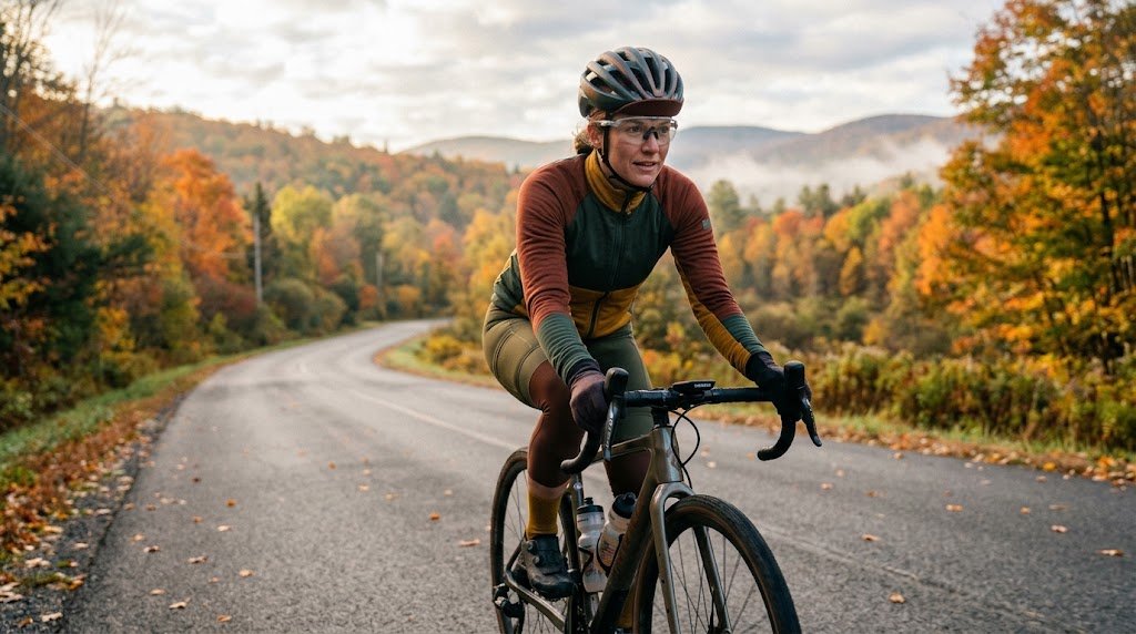 Fall Base Building and Fat Oxidation A focused endurance cyclist riding a gravel bike along a winding rural road during a crisp autumn morning, surrounded by vibrant fall foliage and misty hills.