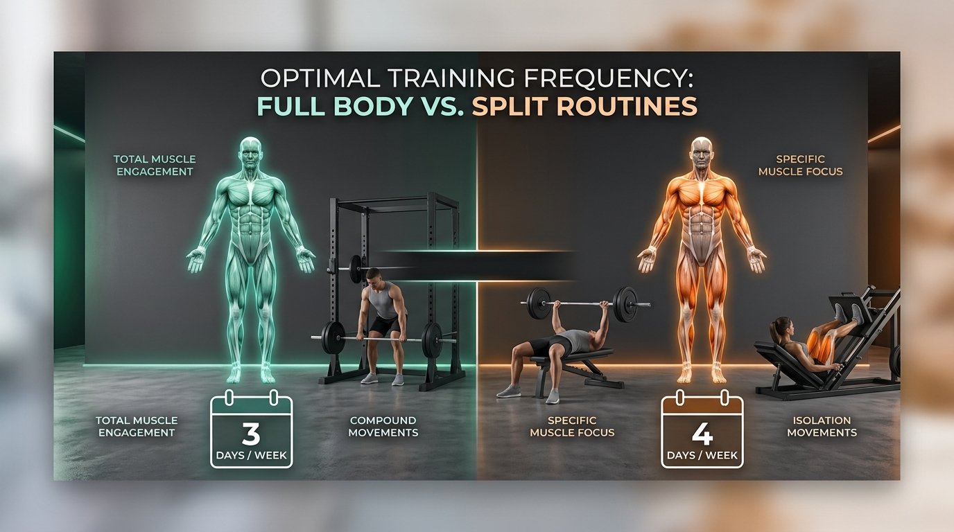 Full Body vs. Split Routines On the left side, themed in glowing teal, a title reads "FULL BODY." It features a full anatomical human model highlighted entirely in teal to represent total muscle engagement, paired with an icon of a calendar showing "3 DAYS / WEEK." Below it, a male athlete performs a compound barbell deadlift in a power rack. On the right side, themed in glowing orange, a title reads "SPLIT ROUTINES." It shows an anatomical human model with targeted upper and lower muscle groups highlighted in orange to represent specific muscle focus, paired with an icon of a calendar showing "4 DAYS / WEEK." Below the graphic, a male athlete performs a barbell bench press next to a female athlete operating a 45-degree leg press machine. The top center of the infographic features the main title: "OPTIMAL TRAINING FREQUENCY: FULL BODY VS. SPLIT ROUTINES."