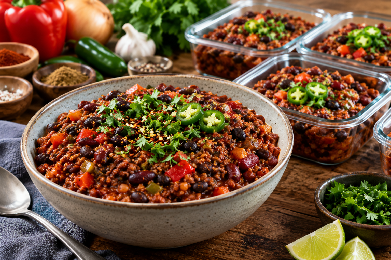 High-Fiber Vegan Recomp Chili A hearty bowl of high-protein vegan chili made with black lentils, kidney beans, black beans, textured pea protein, tomatoes, peppers, onions, and aromatic spices.