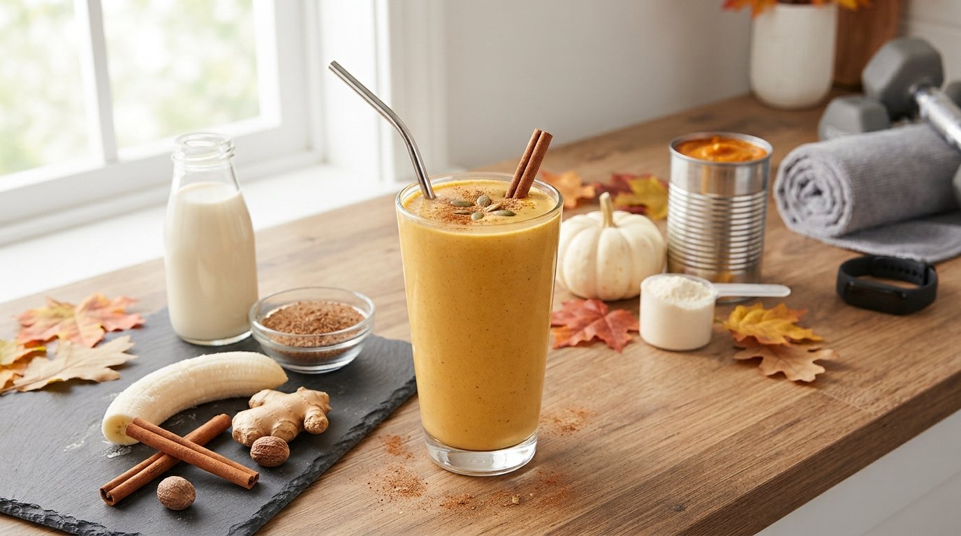 Brightly lit lifestyle photograph of a high-protein autumn pumpkin spice smoothie on a rustic wooden table by a bright window. In the center sits a tall, clear glass filled with a thick, creamy orange smoothie, garnished with a dusting of cinnamon, pumpkin seeds, and two cinnamon sticks alongside a metal straw. Surrounding the glass are the natural recipe ingredients arranged neatly: a small bottle of plant milk, a glass bowl of ground flaxseeds, a peeled banana half, fresh ginger root, whole nutmegs, a scoop of vanilla protein powder, and an open can of pumpkin puree. In the softly blurred background, fitness elements including a grey gym towel, dumbbells, and a fitness tracker blend with seasonal fall accents like white pumpkins and scattered autumn leaves. There is no text or labels on any of the items.