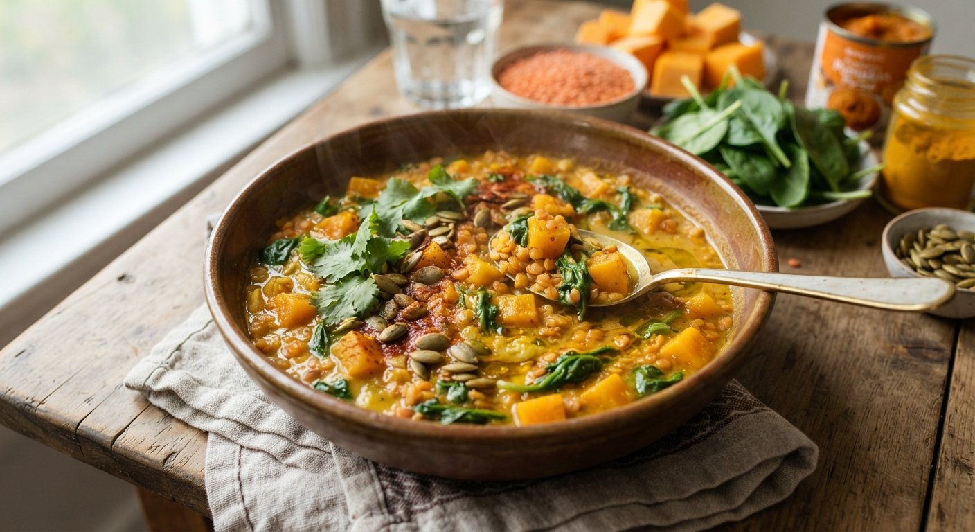 High-Protein Autumn Squash and Lentil Recovery Stew Recipe Brightly lit photograph of a steaming bowl of autumn squash and red lentil stew. The vibrant orange stew is filled with tender butternut squash cubes, red lentils, and wilted baby spinach leaves, garnished with green pumpkin seeds and fresh cilantro. A silver spoon rests inside the rustic brown ceramic bowl, which sits on a textured linen napkin atop a distressed wooden table. In the soft-focus background, raw recipe ingredients are arranged beautifully, including a small bowl of dry red lentils, cubed butternut squash, fresh spinach leaves, pumpkin seeds, and a jar of ground turmeric near a bright window.