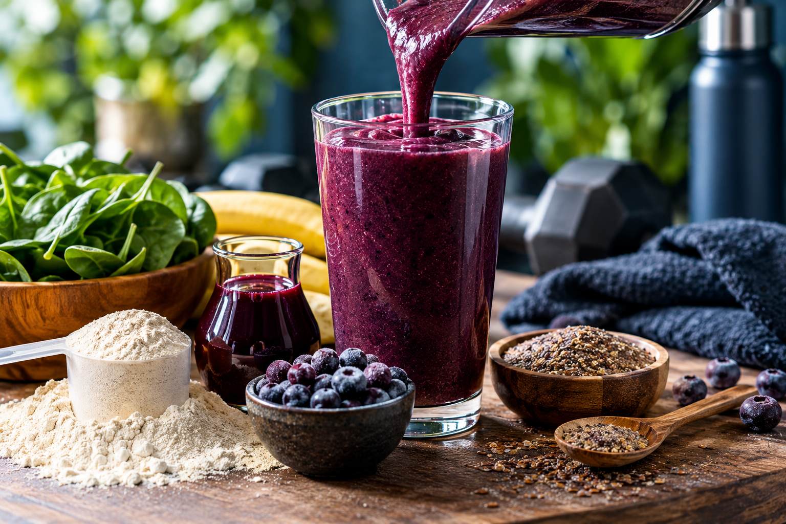 A thick, dark purple berry-spinach recovery smoothie poured into a clear glass, surrounded by wild blueberries, tart cherry juice, spinach, banana, plant-based protein powder, and ground flaxseeds, highlighting antioxidant-rich vegan nutrition for muscle recovery.