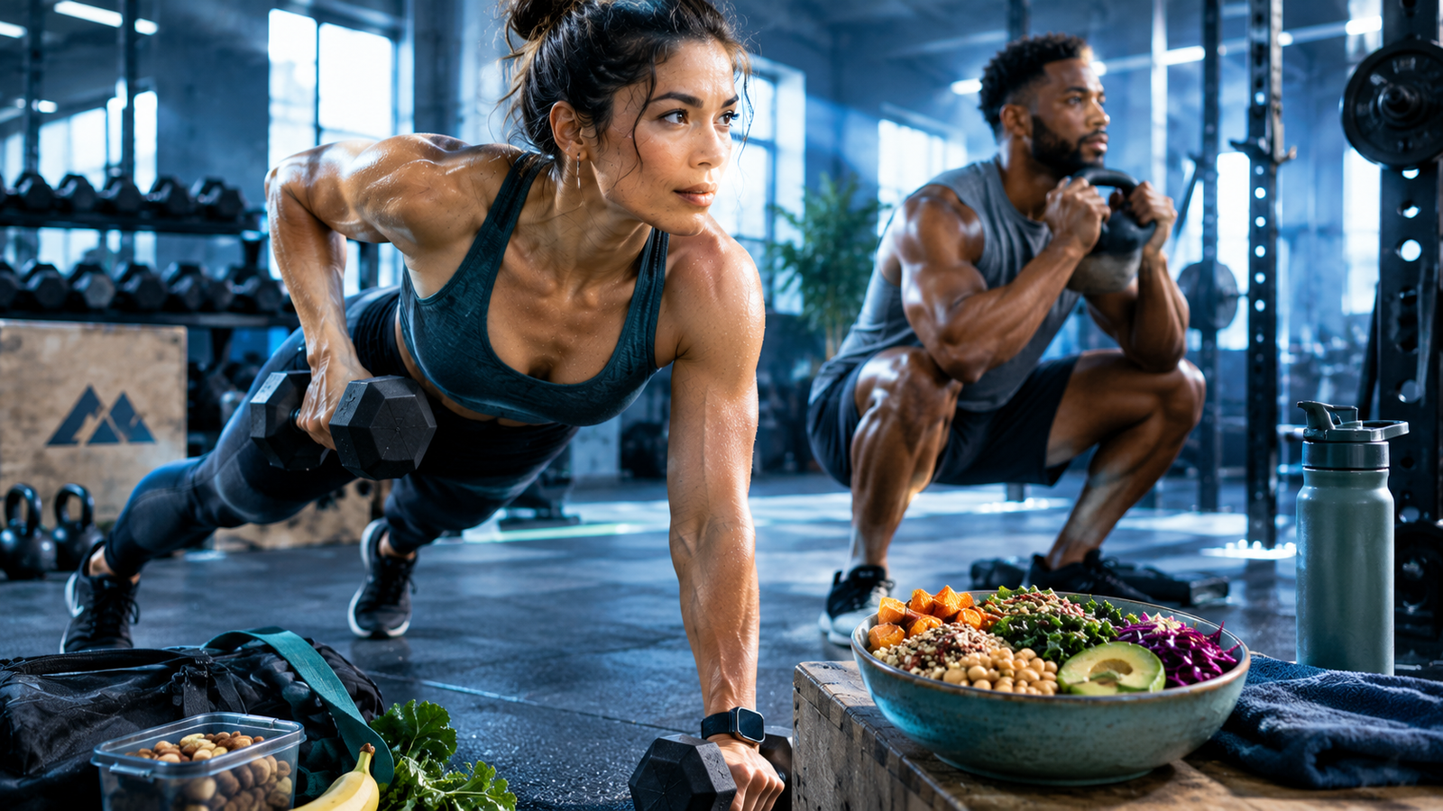 Athletic woman performing a dumbbell row and muscular man doing a kettlebell squat in a modern blue-lit gym, with a plant-based protein bowl nearby, illustrating progressive overload and vegan muscle building.