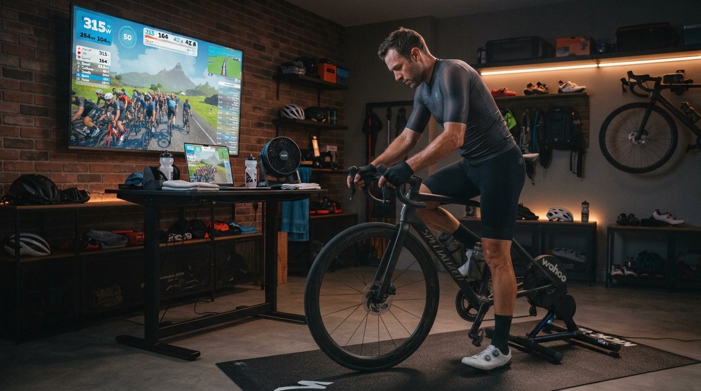 Indoor Smart Trainers A male cyclist in a dark grey jersey and bib shorts stands next to a black specialized road bike, which is mounted on a direct-drive Wahoo smart trainer. He is bent over slightly, adjusting the handlebars or front wheel of the bike before starting his ride. To the left, a large television screen mounted on the wall displays a virtual cycling simulation with a peloton and colorful metric overlays. Next to the trainer, a dedicated training desk holds a laptop mirroring the simulation, water bottles, and a running desk fan. Ambient LED lighting glows softly underneath the equipment shelves in the background.