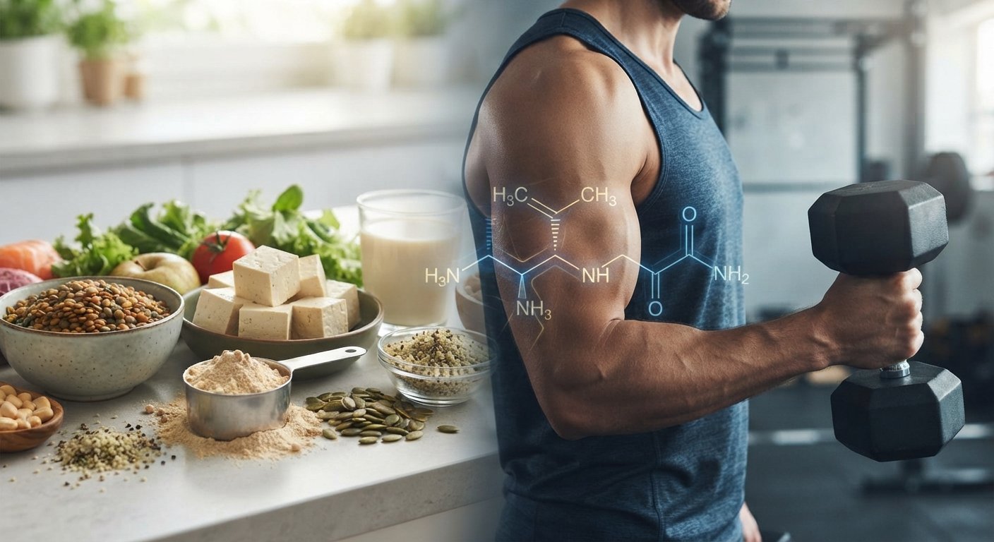 Mastering Vegan Protein A split-screen image showing a collection of high-protein vegan foods on the left and a male athlete lifting a dumbbell on the right. The left side features bowls of lentils, cubed tofu, pumpkin seeds, plant-based protein powder, and a glass of soy milk on a kitchen counter. The right side shows a close-up of a muscular arm in a gym setting, overlaid with a glowing, transparent graphic of a chemical amino acid molecular structure on the bicep.