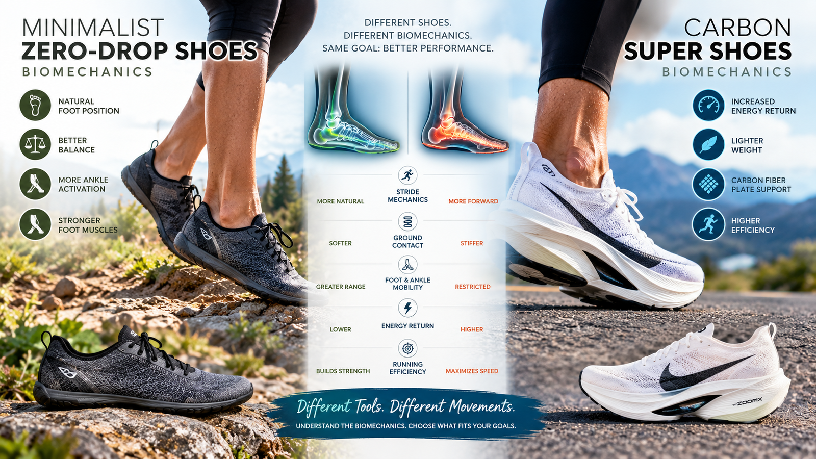 Minimalist Zero-Drop Shoes vs Carbon Super Shoes Minimalist zero-drop shoes and carbon-plated super shoes shown side by side with biomechanical foot and stride comparisons, highlighting differences in foot mobility, ground contact, energy return, and running efficiency.