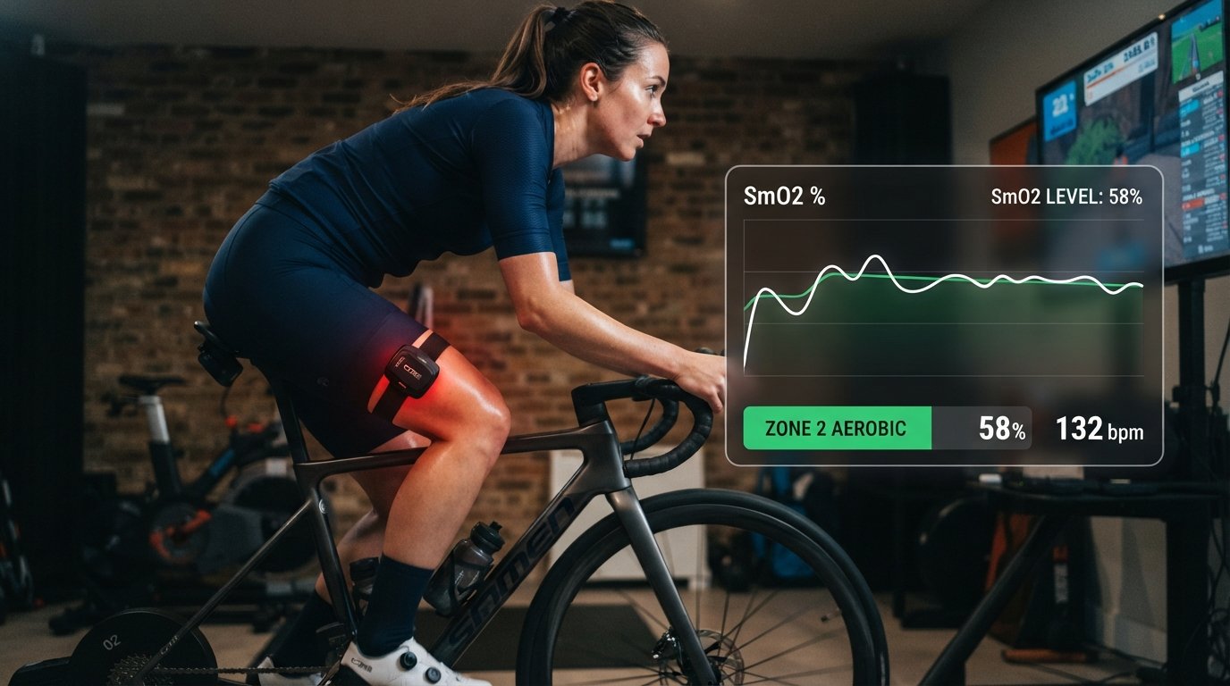 Near-Infrared Spectroscopy Sensors A female cyclist trains on an indoor smart trainer, demonstrating Zone 2 aerobic endurance. Attached to her thigh muscle is a compact Near-Infrared Spectroscopy (NIRS) sensor glowing with a deep red light. A transparent digital heads-up display overlay on the right side showcases a steady real-time muscle oxygenation graph labeled "SmO2 %" at "58%", alongside a green pill indicator reading "ZONE 2 AEROBIC" and a heart rate metric of "132 bpm."